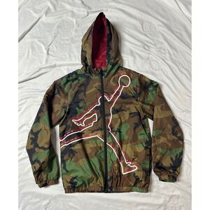 Jordan Boys Camo Windbreaker Jacket Hooded Full Zip Jumpman Logo Green Large L
